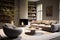 Cozy Conversations Barrel Chair, Grey Corner Fabric Sofa, and Fireplace Embrace in the Modern Living Room\\\'s Interior Design.