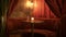 A cozy corner booth with a small table adorned with a flickering candle and a plush velvet curtain providing privacy. 2d