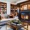 A cozy corner with a fireplace, oversized armchairs, and a bookcase filled with leather-bound classics1, Generative AI