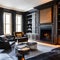 A cozy corner with a fireplace, oversized armchairs, and a bookcase filled with leather-bound classics1, Generative AI