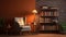 A cozy corner in a library of home , with chair and light bulb, blank walls HD image