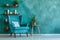 Cozy corner with a turquoise armchair, table, and decorative items against a textured wall.