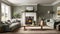 Cozy cottage interior, warm and cozy living room in the English countryside with sage light walls and fluffy gray sofas