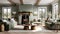 Cozy cottage interior, warm and cozy living room in the English countryside with sage light walls and fluffy gray sofas