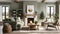 Cozy cottage interior, warm and cozy living room in the English countryside with sage light walls and fluffy gray sofas