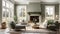 Cozy cottage interior, warm and cozy living room in the English countryside with sage light walls and fluffy gray sofas
