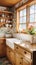 A cozy cottage kitchen with a 3D floral tile wall pattern,