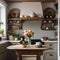 A cozy cottage kitchen with floral accents, a farmhouse table, and vintage details2