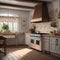 A cozy cottage kitchen with floral curtains and a vintage-inspired gas stove4