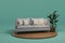 cozy couch with green indoor plant on wooden podest, isolated on infinite background 3D rednering