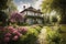 A cozy country big house with a green garden and large pink flowers. Generative ai