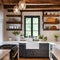 A cozy, country cottage kitchen with a farmhouse sink, exposed wood beams, and open shelving2, Generative AI