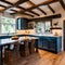 A cozy, country cottage kitchen with a farmhouse sink, exposed wood beams, and open shelving4, Generative AI