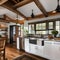 A cozy, country cottage kitchen with a farmhouse sink, exposed wood beams, and open shelving5, Generative AI
