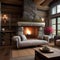 A cozy, country cottage living room with a stone fireplace, exposed wooden beams, and floral upholstery1