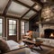 A cozy, country cottage living room with a stone fireplace, exposed wooden beams, and floral upholstery3