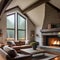 A cozy, country cottage living room with a stone fireplace, exposed wooden beams, and floral upholstery4