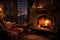 Cozy country house interior with fireplace and wooden furniture. Cozy evening by the fireplace