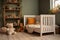 A cozy crib nestled in a bright nursery, featuring toys, a plush carpet, and a rustic basket