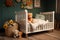 A cozy crib nestled in a bright nursery, featuring toys, a plush carpet, and a rustic basket