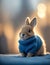 A cozy and cute fluffy bunny wearing a warm knit blue sweater, surrounded by natural light, generative AI