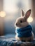 A cozy and cute fluffy bunny wearing a warm knit blue sweater, surrounded by natural light, generative AI