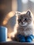 A cozy and cute fluffy kitten wearing a warm knit blue socks, surrounded by natural light, generative AI