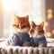 A cozy and cute fluffy orange tabby kitten and a hamster in a warm knit blue sweater in a soft light, generative AI