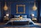 Cozy dark blue bedroom interior with bedside table and table lamp with photo or painting frame mockup,