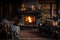 Cozy dark rustic living room with a fireplace, decorated for Christmas