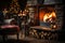 Cozy dark rustic living room with a fireplace, decorated for Christmas