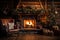 Cozy dark rustic living room with a fireplace, decorated for Christmas