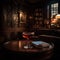 Cozy, dimly lit bar with rich, wood-paneled walls and a beautifully crafted Manhattan cocktail resting on the bar. AI