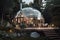 cozy dome shaped house made of glass and wood, situated in a beautiful garden, and built in an eco-friendly manner at