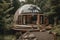 cozy dome shaped house made of glass and wood, situated in a beautiful garden, and built in an eco-friendly manner at