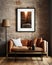 Cozy, earth-toned living room, spotlight on a framed mockup painting illuminated by a warm floor lamp, shot with a soft