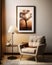 Cozy, earth-toned living room, spotlight on a framed mockup painting illuminated by a warm floor lamp, shot with a soft