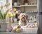 Cozy Easter card template. Dog on kitchen backdrop. Happy Easter banner. Spring celebrations background