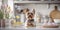 Cozy Easter card template. Dog on kitchen backdrop. Happy Easter banner. Spring celebrations background