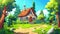 Cozy fairy house or witch hut in sunny summer wood cartoon game background with a wooden roof. Stone house in forest