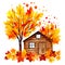 Cozy fairy-tale wooden house under a tree in autumn, clipart, beautiful fantasy, watercolor, white background