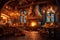 Cozy fantasy medieval tavern inn interior with food and drink on tables, burning open fireplace, candles and stone ground