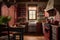 cozy farmhouse kitchen, with rustic wooden cabinets, red accents and cast-iron cookware