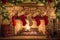 A cozy fireplace adorned with festive stockings hanging from the mantle, A warm fireplace with Christmas stockings hung in