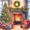 Cozy fireplace on the background of a festively decorated Christmas tree