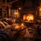 A cozy fireplace crackling in the corner of a room, surrounded by warm blankets and pillows.