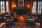 cozy fireplace with crackling flames, surrounded by comfortable armchairs and a rug