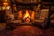 cozy fireplace with crackling flames, surrounded by comfortable armchairs and a rug