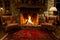 cozy fireplace with crackling flames, surrounded by comfortable armchairs and a rug