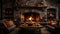 Cozy fireplace Fall and Halloween decorated interior setting - generative AI